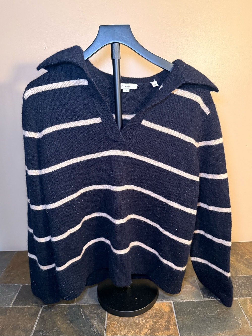 Vince Navy Stripe V‑Neck Wool Collared Sweater